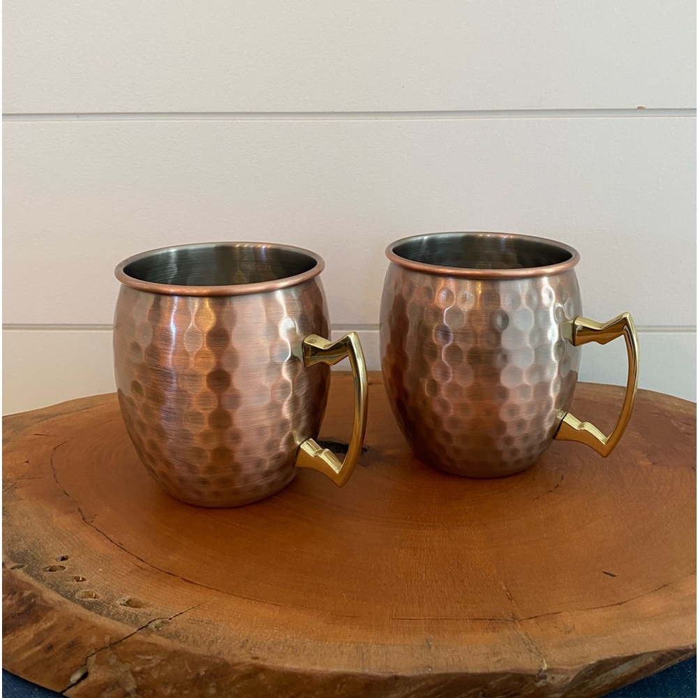 Set of 2 hammered copper and gold Moscow Mules cozy winter entertaining festive